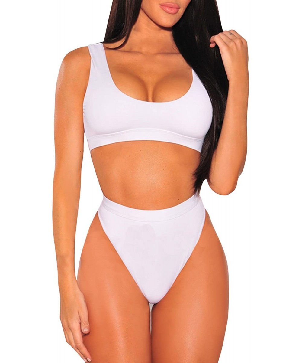 Womens Crop Top Scoop Neck High Waisted Bikini Sets Two Piece Swimsuits - White - CQ18DXMI8Q9 $21.05-Sets