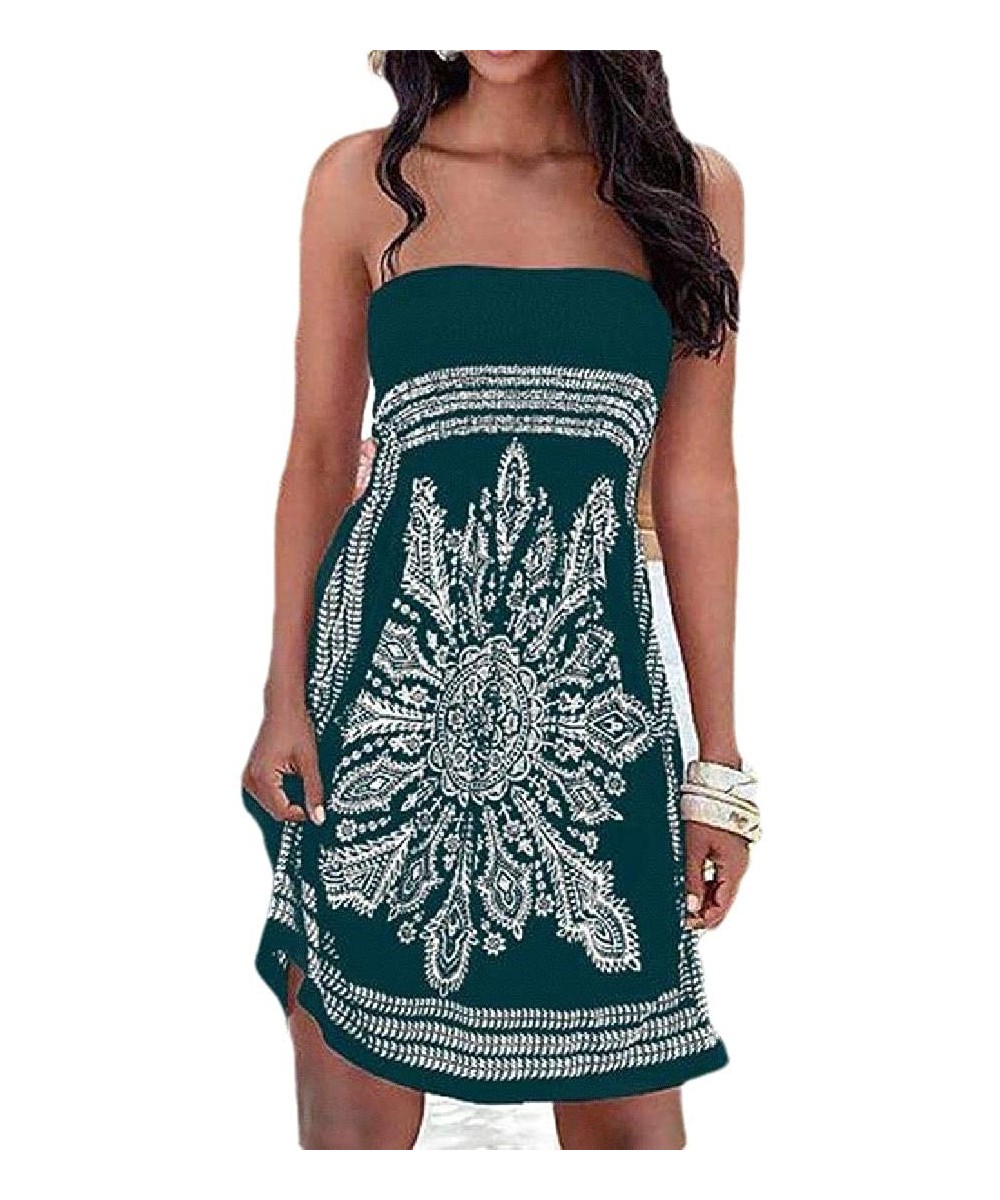 Women Off Shoulder Casual Boho Print Beach Cover Up Swimsuits Beach Party Mini Dress - Dark Green - CH199QAHXEK $24.96-Cover-Ups