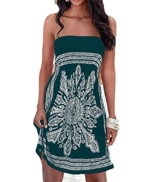 Women Off Shoulder Casual Boho Print Beach Cover Up Swimsuits Beach Party Mini Dress - Dark Green - CH199QAHXEK $24.96-Cover-Ups