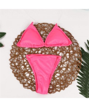 Women's Solid Color String Thong Bikini Tie Knot Front Side Bikini Adjustable Skimpy Set 2 Piece Swimsuit Rose leather - CU19...