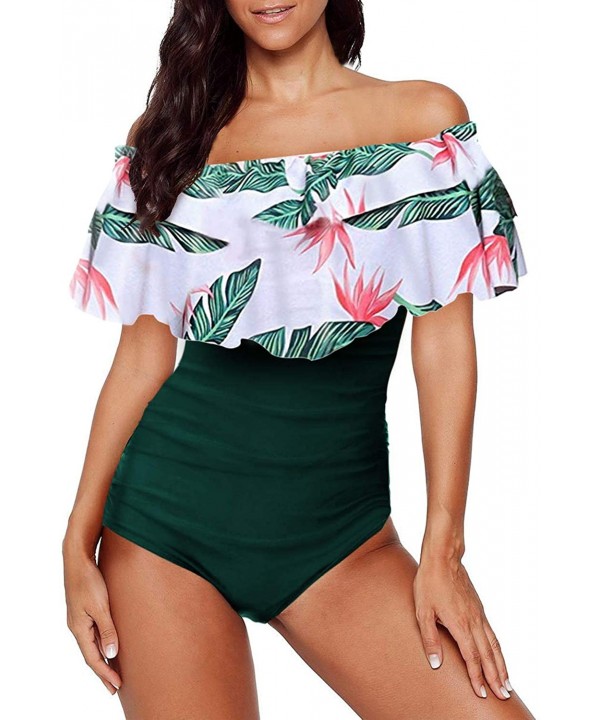 Women One Piece Swimsuit Floral Print Off Shoulder Ruffle Bathing Suits(S-XXL) - A-green - CS1944OX4N0 $17.34-One-Pieces