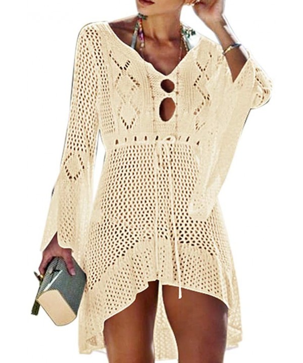 Women Crochet Swimsuit Cover Up Hollow Out Flare Sleeve Beach Dress Swimwear Dress Beach Cover Up - Apricot - CG18RZRCKS7 $15...