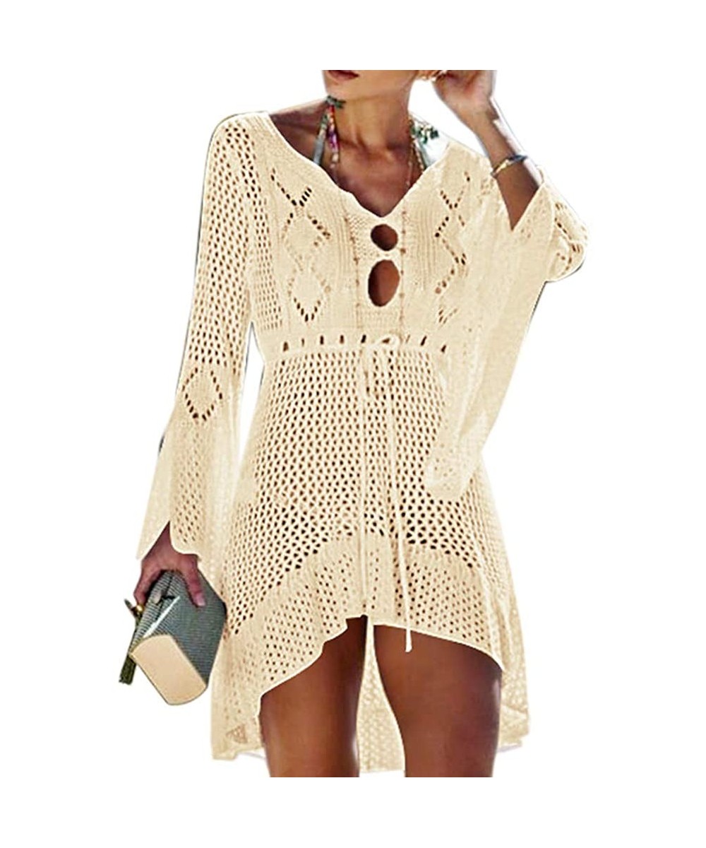 Women Crochet Swimsuit Cover Up Hollow Out Flare Sleeve Beach Dress Swimwear Dress Beach Cover Up - Apricot - CG18RZRCKS7 $15...