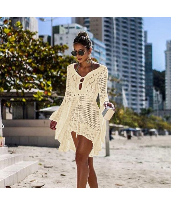 Women Crochet Swimsuit Cover Up Hollow Out Flare Sleeve Beach Dress Swimwear Dress Beach Cover Up - Apricot - CG18RZRCKS7 $15...