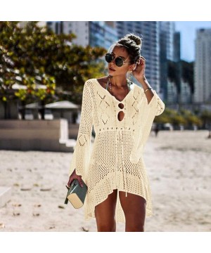 Women Crochet Swimsuit Cover Up Hollow Out Flare Sleeve Beach Dress Swimwear Dress Beach Cover Up - Apricot - CG18RZRCKS7 $15...