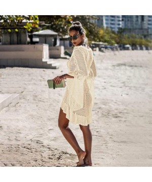 Women Crochet Swimsuit Cover Up Hollow Out Flare Sleeve Beach Dress Swimwear Dress Beach Cover Up - Apricot - CG18RZRCKS7 $15...