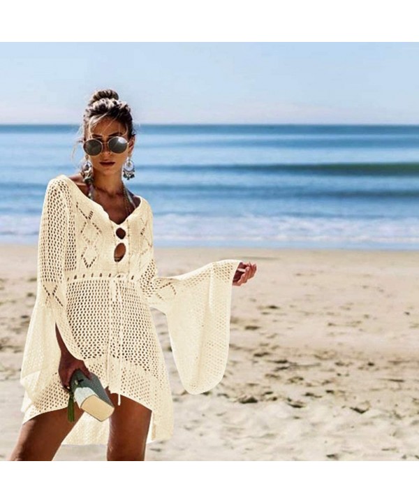 Women Crochet Swimsuit Cover Up Hollow Out Flare Sleeve Beach Dress Swimwear Dress Beach Cover Up - Apricot - CG18RZRCKS7 $15...