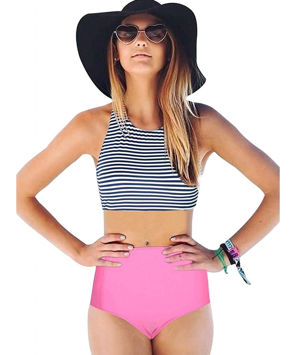 Women's Sexy Striped Bikini Set Two Piece Swimsuit High Waisted Bathing Suits - Pink - C2194L7TUGK $17.03-Sets