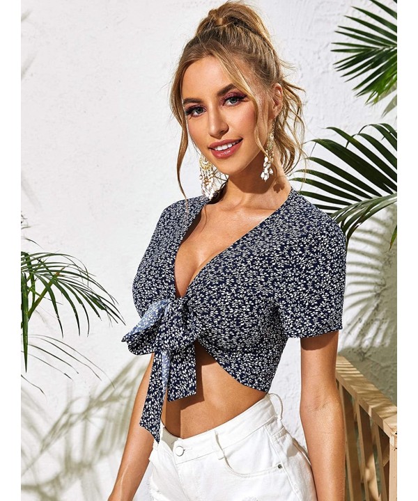 Women's Summer Printed V Neck Bow Tie Crop Top Blouse - Navy Floral-1 - CP199S25DMG $17.11-Cover-Ups