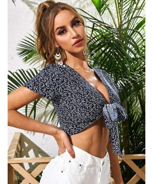 Women's Summer Printed V Neck Bow Tie Crop Top Blouse - Navy Floral-1 - CP199S25DMG $17.11-Cover-Ups