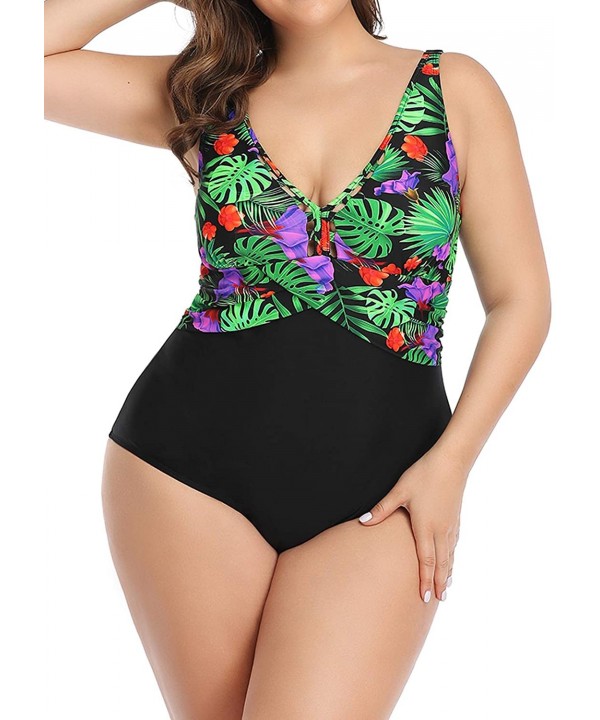 Women Plus Size One Piece Swimwear Floral Monokini Swimsuit V-Neckline Tummy Control Swimming Costume - Greenleaf - CB193TRLN...