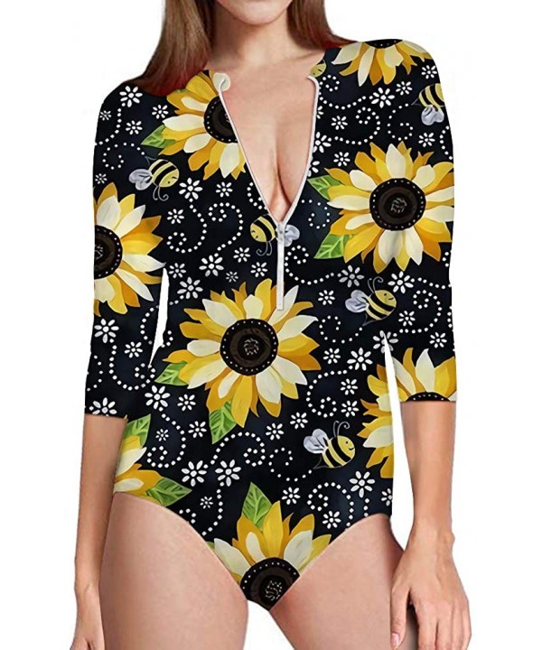 Womens One Piece Swimsuit Zip Front Printed 3/4 Short Sleeve Rash Guard UPF 50++ Sun Protection Swimwear Sunflower Bees - CE1...