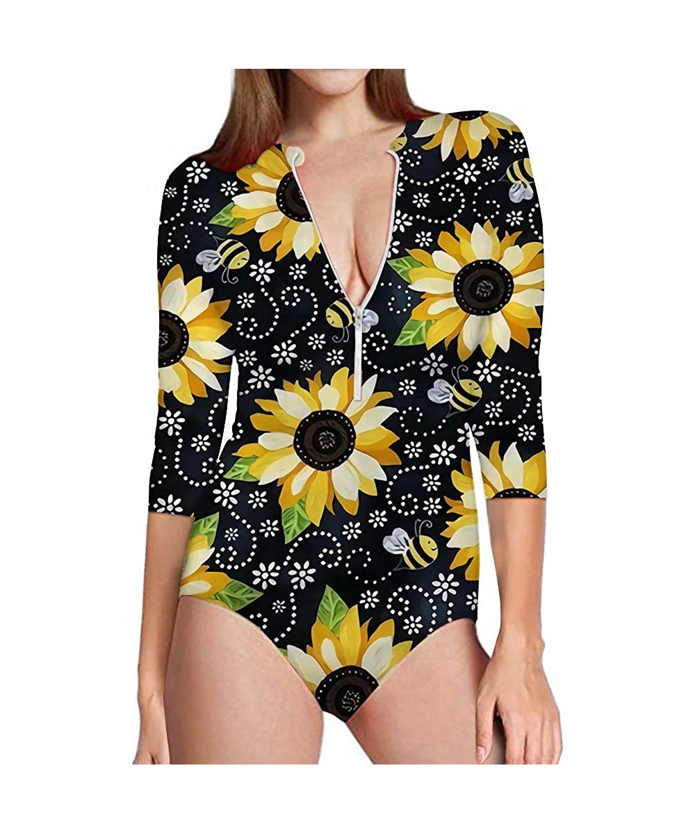 Womens One Piece Swimsuit Zip Front Printed 3/4 Short Sleeve Rash Guard UPF 50++ Sun Protection Swimwear Sunflower Bees - CE1...