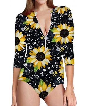 Womens One Piece Swimsuit Zip Front Printed 3/4 Short Sleeve Rash Guard UPF 50++ Sun Protection Swimwear Sunflower Bees - CE1...