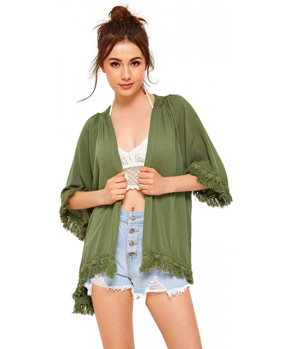 Women's Tassel Kimono Fringe Cardigan Beachwear Cover up - Army Green - C8194UYLCAC $22.93-Cover-Ups