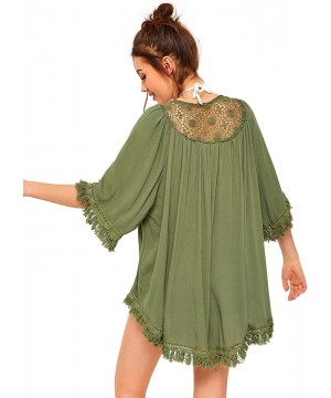 Women's Tassel Kimono Fringe Cardigan Beachwear Cover up - Army Green - C8194UYLCAC $22.93-Cover-Ups