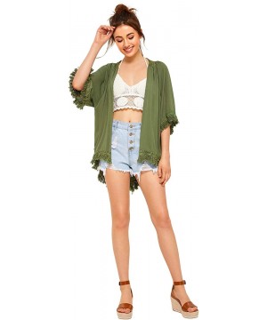 Women's Tassel Kimono Fringe Cardigan Beachwear Cover up - Army Green - C8194UYLCAC $22.93-Cover-Ups