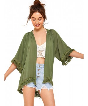 Women's Tassel Kimono Fringe Cardigan Beachwear Cover up - Army Green - C8194UYLCAC $22.93-Cover-Ups