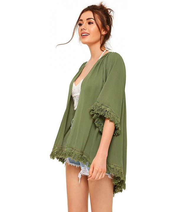 Women's Tassel Kimono Fringe Cardigan Beachwear Cover up - Army Green - C8194UYLCAC $22.93-Cover-Ups