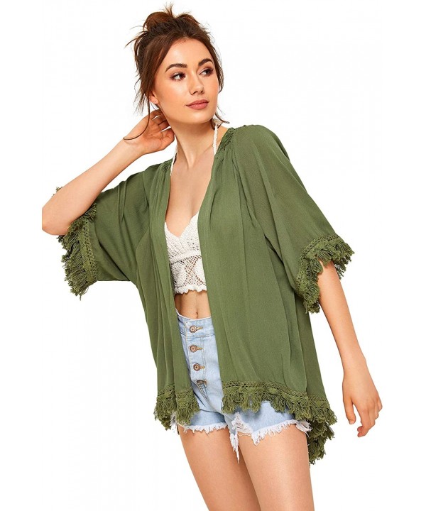 Women's Tassel Kimono Fringe Cardigan Beachwear Cover up - Army Green - C8194UYLCAC $22.93-Cover-Ups