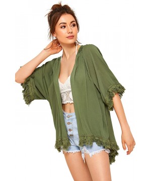 Women's Tassel Kimono Fringe Cardigan Beachwear Cover up - Army Green - C8194UYLCAC $22.93-Cover-Ups