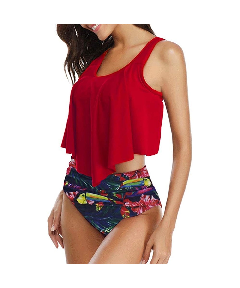 Women Vintage Flounce High Waisted Swimsuit Halter Neck Two Piece Bikini Set - Red - CW18OR0GN9A $12.43-Sets