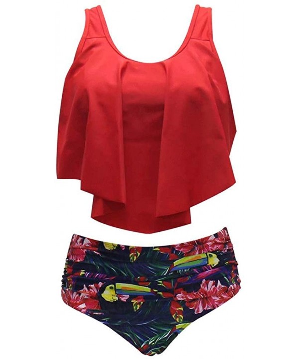 Women Vintage Flounce High Waisted Swimsuit Halter Neck Two Piece Bikini Set - Red - CW18OR0GN9A $12.43-Sets