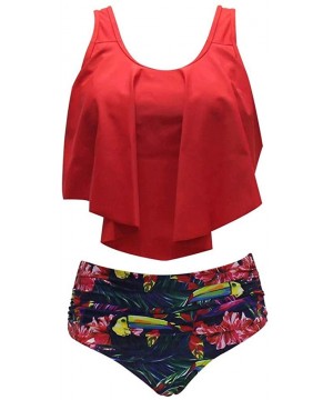 Women Vintage Flounce High Waisted Swimsuit Halter Neck Two Piece Bikini Set - Red - CW18OR0GN9A $12.43-Sets