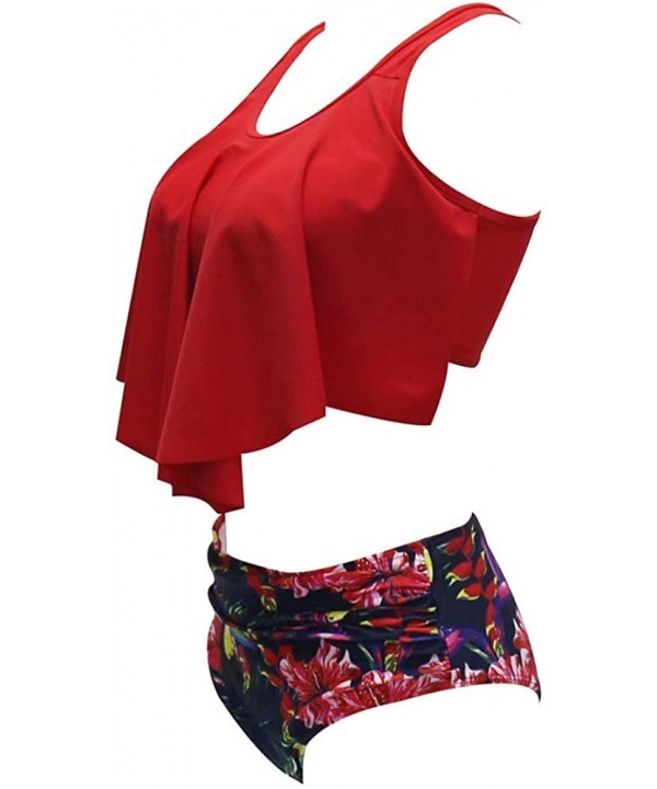 Women Vintage Flounce High Waisted Swimsuit Halter Neck Two Piece Bikini Set - Red - CW18OR0GN9A $12.43-Sets