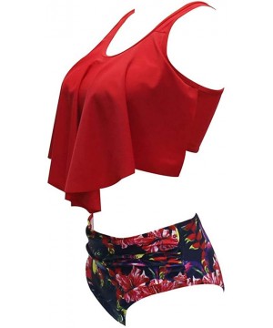 Women Vintage Flounce High Waisted Swimsuit Halter Neck Two Piece Bikini Set - Red - CW18OR0GN9A $12.43-Sets