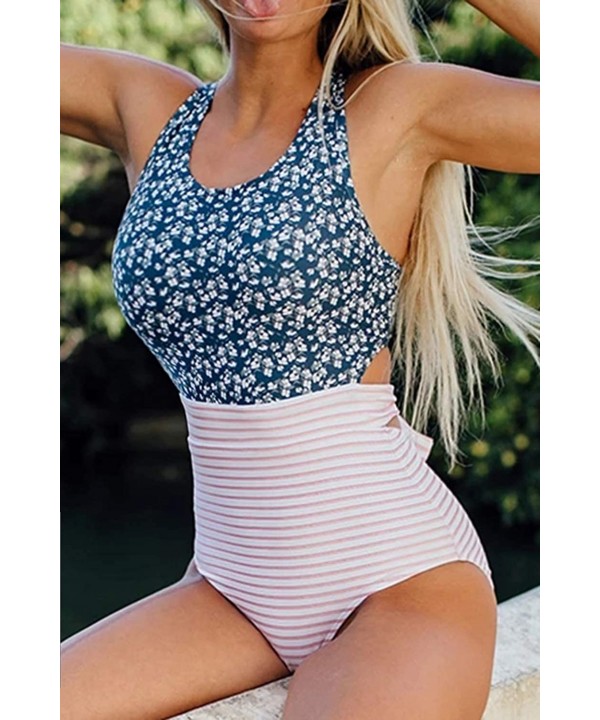 Womens Printed Racerback Zip Up Tummy Control Cutout One Piece Swimsuit - Navy - CO194TLDDQT $21.05-One-Pieces