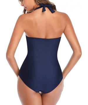 Women's One Piece Swimsuit Tankini SFE Backless Halter Tummy Control High Waisted Push Up Padded Swimwear Monokini - Dark Blu...