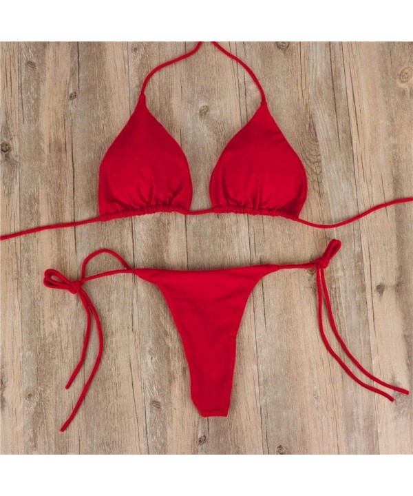 Women Three-Point Bandage Bikini Set Ladies Solid Color Push-Up Pad Bra Swimwear Beachwear Swimsuit - Red - CU193ACUOT9 $10.5...