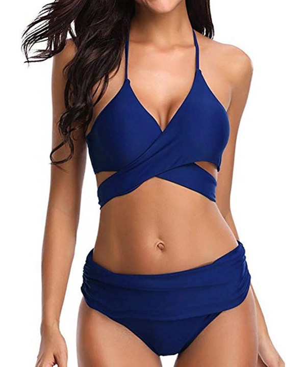 Women's Bikini Swimsuit Criss Cross Halter Push up Padded Top with Bathing Suit Bottom - 5-navy - CA190EIKI2C $14.30-Sets