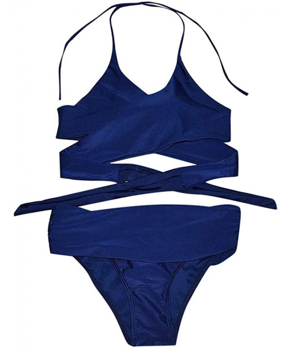 Women's Bikini Swimsuit Criss Cross Halter Push up Padded Top with Bathing Suit Bottom - 5-navy - CA190EIKI2C $14.30-Sets