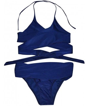 Women's Bikini Swimsuit Criss Cross Halter Push up Padded Top with Bathing Suit Bottom - 5-navy - CA190EIKI2C $14.30-Sets