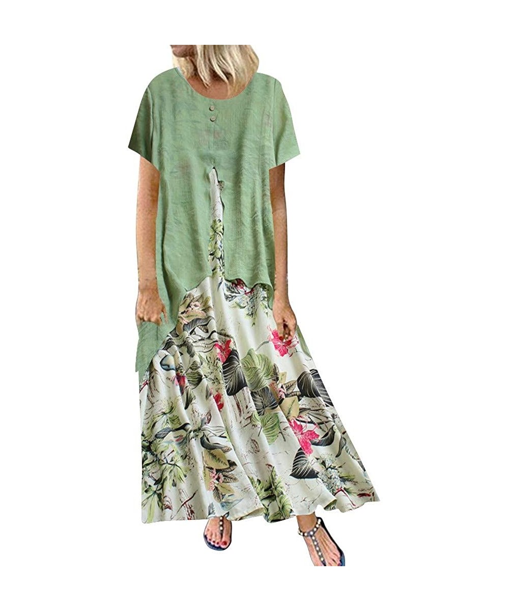 Women Plus Size Bohemian O-Neck Floral Print Vintage Sleeveless Long Maxi Dress - H-green - CE18W6UWK2E $22.89-Sets