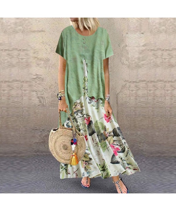 Women Plus Size Bohemian O-Neck Floral Print Vintage Sleeveless Long Maxi Dress - H-green - CE18W6UWK2E $22.89-Sets