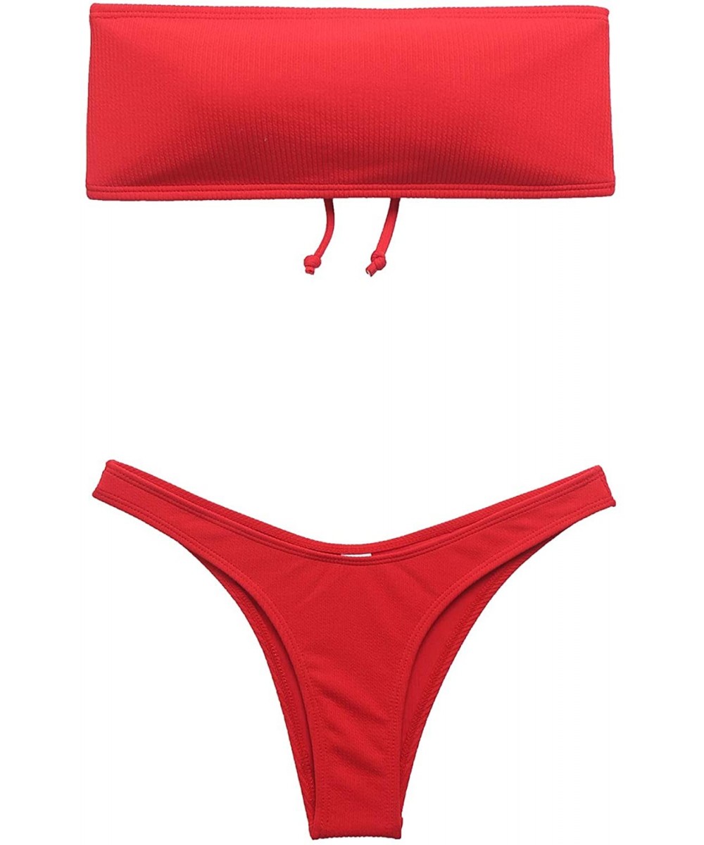 Women Swim Set Strapless Ribbed High Cut Bandeau Bikini Set - Red - CC18O2KLKOI $18.71-Sets