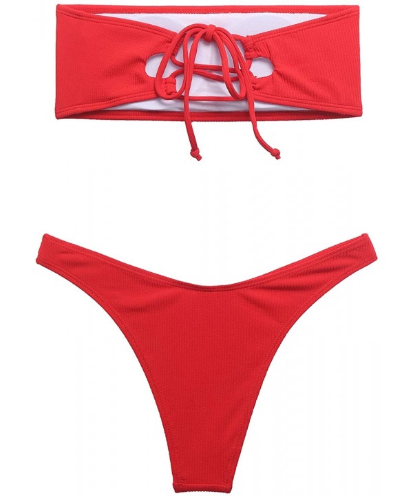 Women Swim Set Strapless Ribbed High Cut Bandeau Bikini Set - Red - CC18O2KLKOI $18.71-Sets