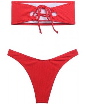 Women Swim Set Strapless Ribbed High Cut Bandeau Bikini Set - Red - CC18O2KLKOI $18.71-Sets