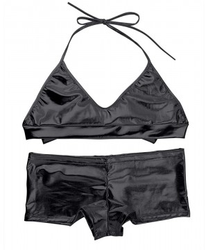 Women's Faux Leather Metallic Bikini Set Halter Bra Top and Shorts Swimsuit - Black - CW18DADDERS $11.00-Sets