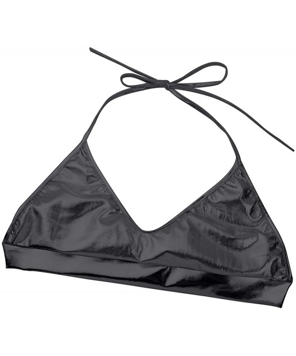 Women's Faux Leather Metallic Bikini Set Halter Bra Top and Shorts Swimsuit - Black - CW18DADDERS $11.00-Sets