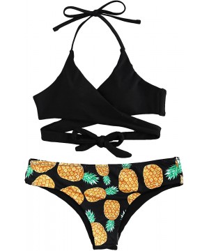 SOLYHUX Women's Floral Halter Wrap Knotted Back Bikini Set Black L - C7189H0ZUTY $11.14-Sets