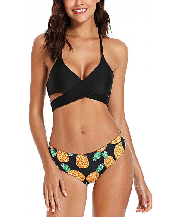 SOLYHUX Women's Floral Halter Wrap Knotted Back Bikini Set Black L - C7189H0ZUTY $11.14-Sets