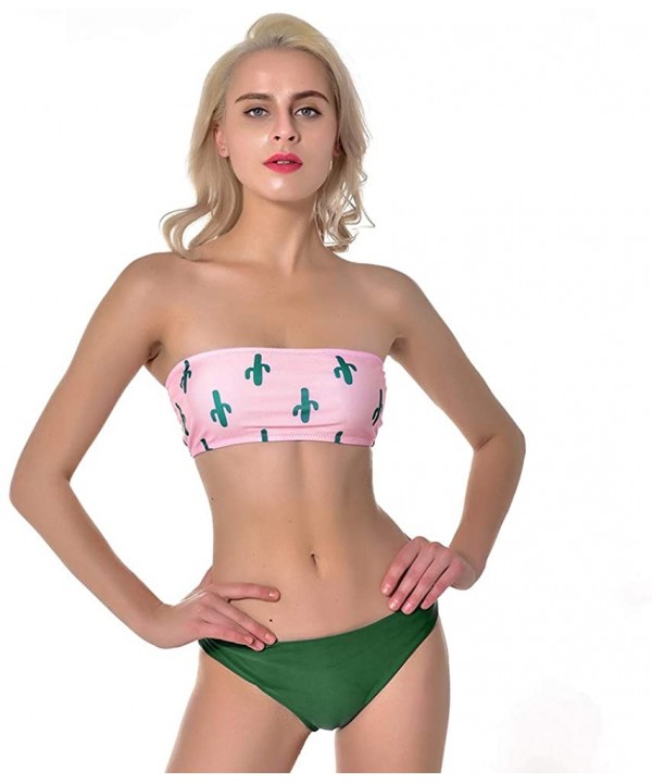 Women's 2 Pieces Cactus Print Bandeau Bikini Swimsuits Strapless Low Waist Bathing Suit High Cut Pure Color Pink - C518QCQU3Q...