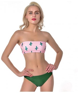 Women's 2 Pieces Cactus Print Bandeau Bikini Swimsuits Strapless Low Waist Bathing Suit High Cut Pure Color Pink - C518QCQU3Q...