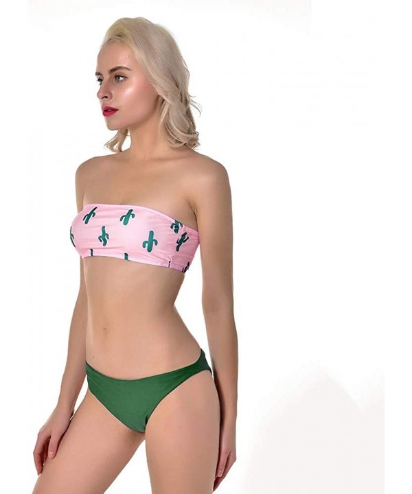 Women's 2 Pieces Cactus Print Bandeau Bikini Swimsuits Strapless Low Waist Bathing Suit High Cut Pure Color Pink - C518QCQU3Q...