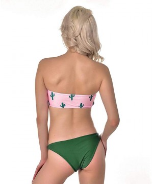 Women's 2 Pieces Cactus Print Bandeau Bikini Swimsuits Strapless Low Waist Bathing Suit High Cut Pure Color Pink - C518QCQU3Q...