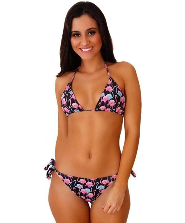 Black Flamingos Brazilian Tie Side Scrunch Bikini Bottom - CW18XD5HZMS $26.18-Tankinis